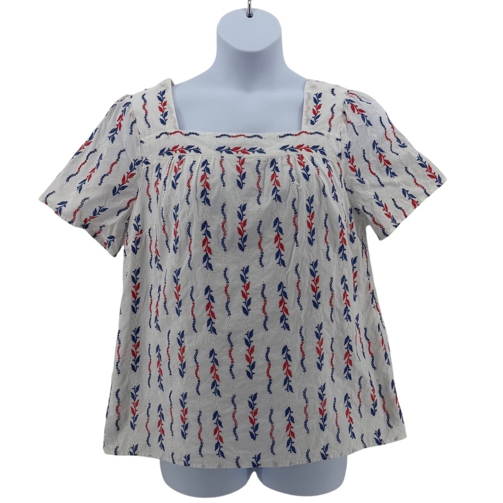 Talbots Cotton Embroidered Eyelet Blouse Womens XL White Red Blue Floral Top